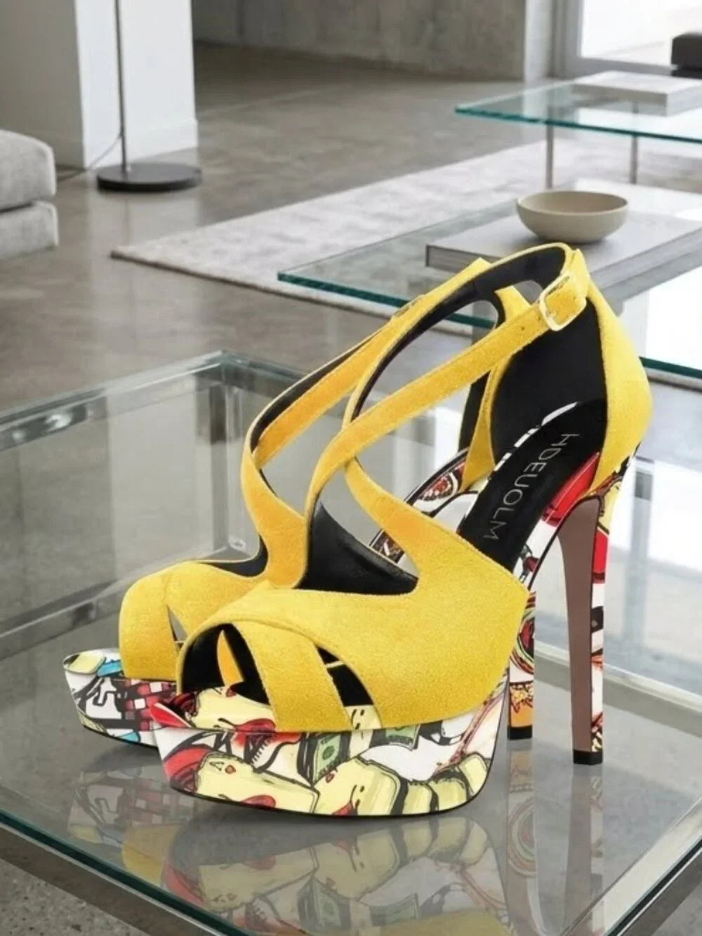 Yellow Stiletto Platform Ankle Strap Peep Toe Sandals